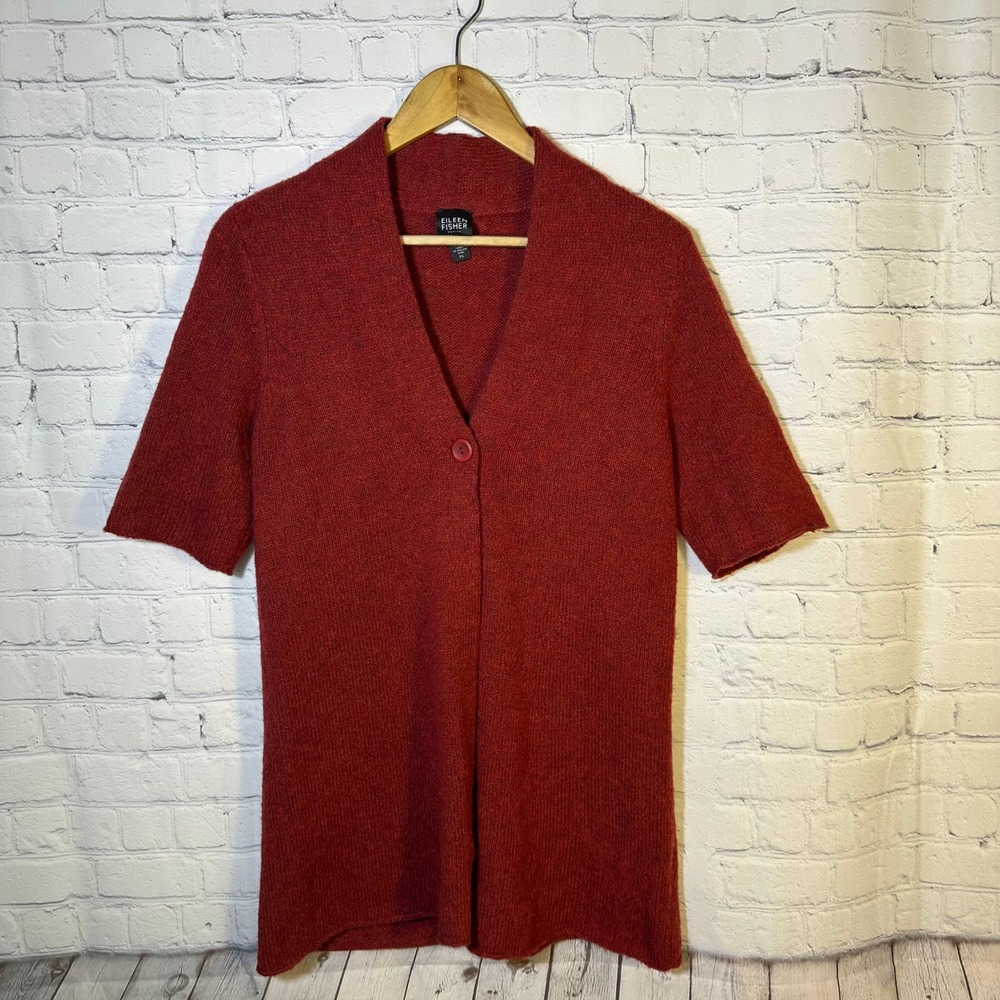 Eileen Fisher Petite Red Merino Wool Short Sleeve Single Button Cardigan PS
